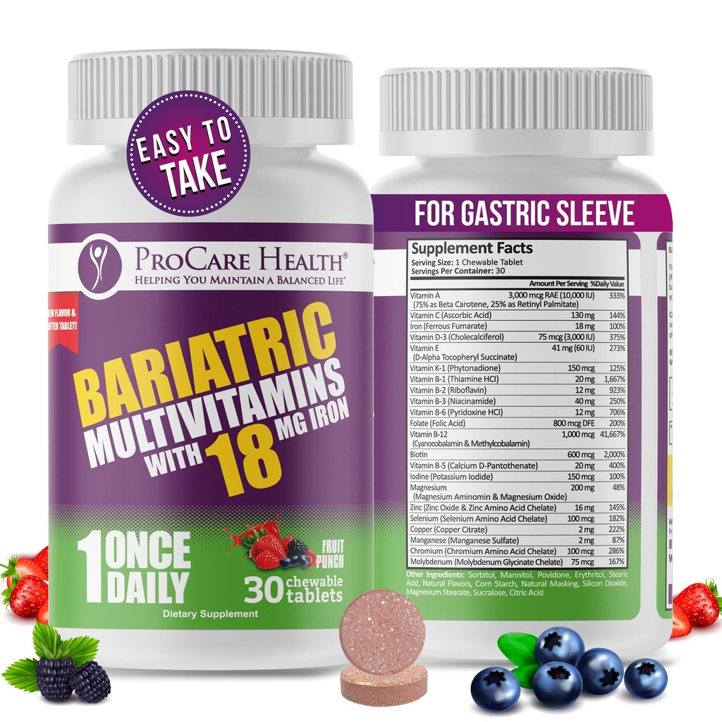ProCare Health Bariatric Chewable Multivitamin con Iron 18mg (30 compresse) - Fruit Punch Flavor Bariatric Multivitamin Chewable for Gastric Bypass & Maniche Gastrectomy Pazienti* (1 Mese di Alimentazione)