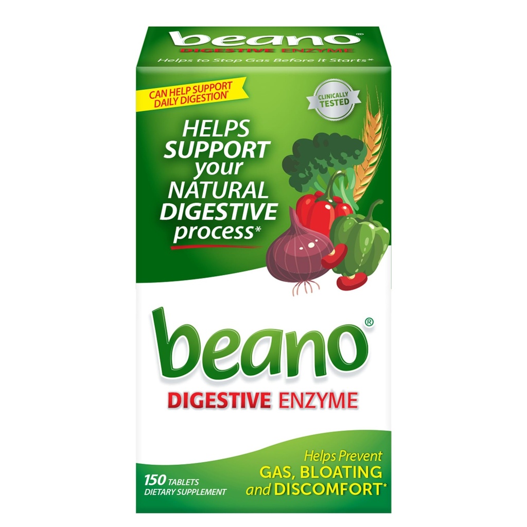 Enzyme digestive Beano, soulagement préventif du gaz pour les adultes, aide à prévenir le gaz et le ballonnement, 150 comprimés
