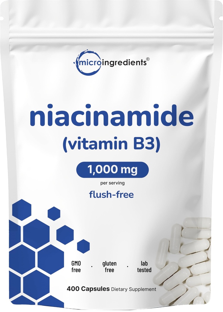 Vitamin B3 Niacinamid 500mg pro Kapsel, 400 Kapseln | 1000mg Flush freies Niacin pro Servierung, essenziell B Vitamin Supplement | Hautpflege Gesundheit & Energie Unterstützung | Non-GMO, Glutenfrei