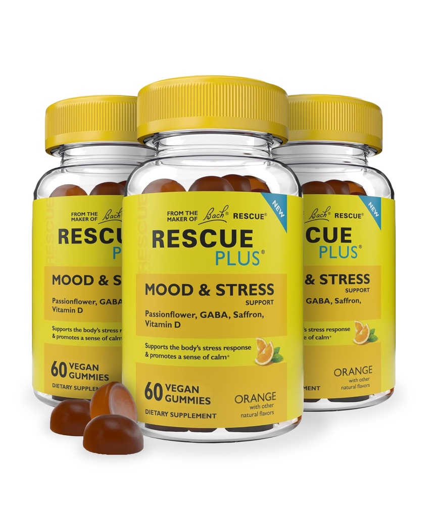 RESCUE Bach Plus Mood & Stress Support Gummies, Integratore alimentare diurno con Passionflower, GABA, Zafferano & Vitamina D, Natural Orange Flavor, Vegan & Gluten-Free, 3 Pack, 180 Count Total