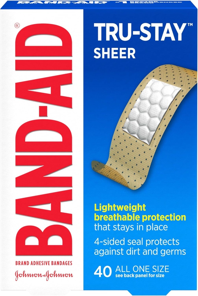 Band-Aid Brand Tru-Stay Sheer Strips Klebe sterile Bandagen für Erste Hilfe & Wound Schutz, Individuell Wrapped Wound Care Bandages für Minor Cuts & Scrapes, All One Size, 40 ct