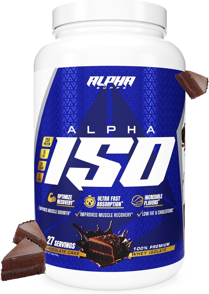 Alpha Supps ISO, Low Carb 100% Whey Protein Isolate Powder, 25 Grammi Per Serving, Aiuta a sostenere la crescita muscolare, Basso zucchero e Gluten Free (Chocolate Cake, 2 lb)