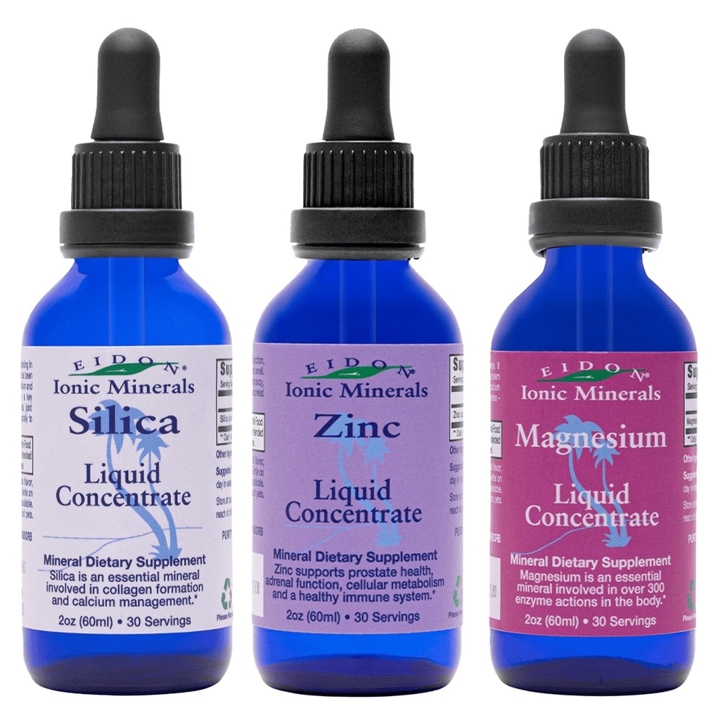 Eidon Ionic Minerals Liquid Silica, Zink, & Magnesium Tropfen Sorte Pack - Silica, Zink, & Magnesium Beilagen, All-Natur Trace Minerals, keine Konservierungsstoffe oder Additive - 2 Unzen, Packung mit 3