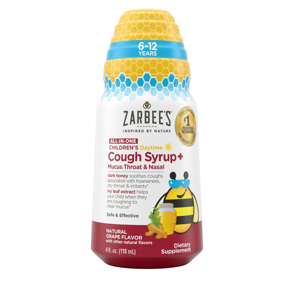 Zarbee's Children's Daytime All-in-One Honey Cough Sirop + Mucus, gorge et nasal pour les enfants 6-12 + Miel foncé, extrait de feuille d'Ivy, racine de cristal de zinc, et B-Vitamines, sans drogue, raisin, 4 fl oz