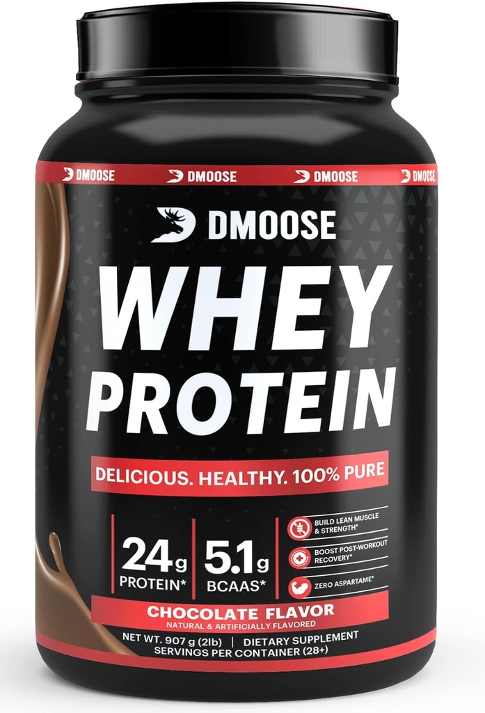 DMoose Whey Poudre de protéines I 24 g Protéine I 130 Calories I 5.1 g BCAAs I Poudre de protéines naturelles pour le gain musculaire Chocolat/arôme de vanille I 2 livres I 28 portions