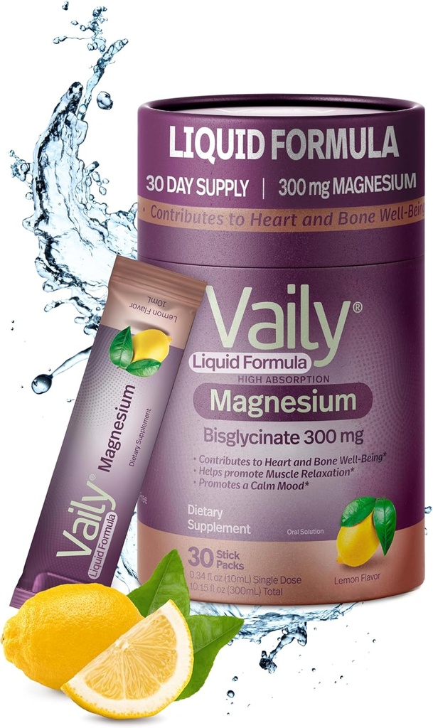 Vaily® Liquid Magnesium Supplement 300 mg - Verbesserte Absorption, Herz- und Knochengesundheit - Hilft beruhigenden Schlaf - Flüssiges Magnesium-Bisglycinat für Erwachsene - Zitronengeschmack, 30PK