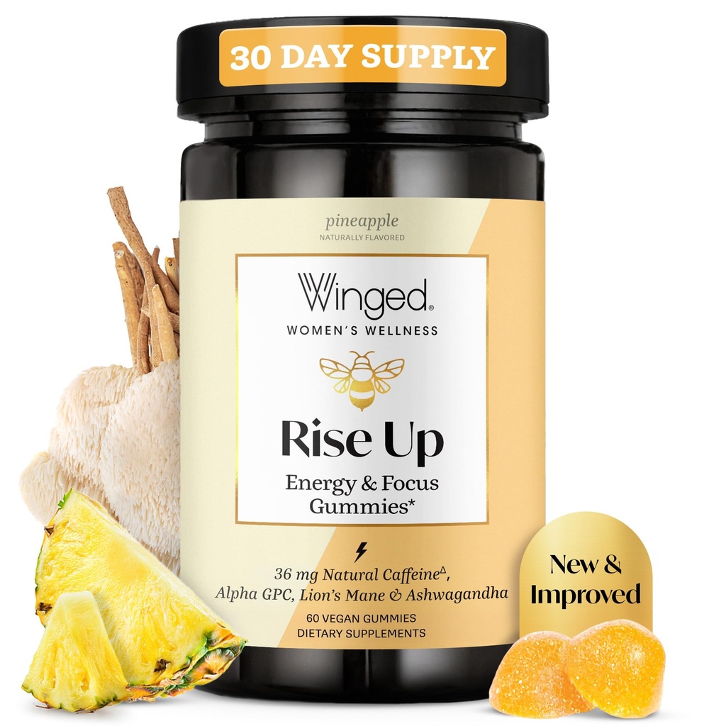 Winged Wellness Rise Up, Energy & Focus Gummies pour les femmes - Supplément de Gummy Brain Boost quotidien avec la caféine naturelle, Ashwagandha, B12, Nootropics Alpha-GPC et Lion - Ananas, 60 Gummies