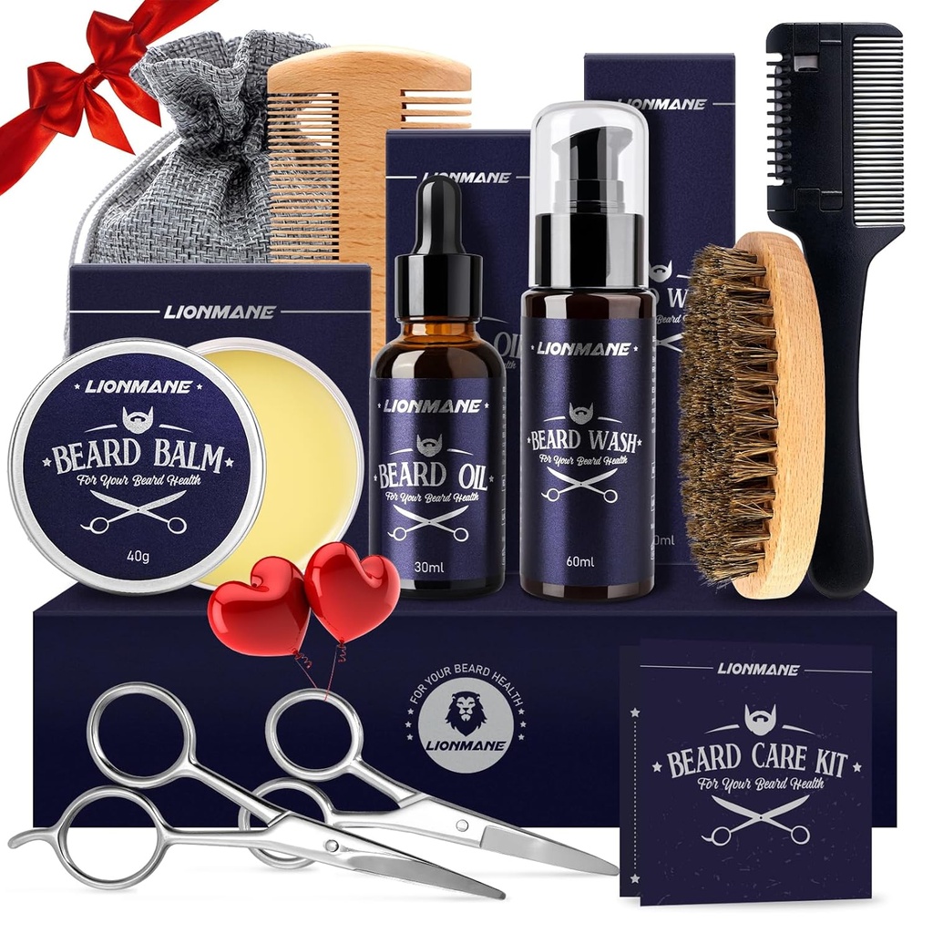 Lionmane Beard Care Kit regalo di Natale per gli uomini, Beard Mustache Grooming Kit-Beard Balm, Beard Wash, Beard Oil, Pennello, Forbici, Anniversario Regali di Ringraziamento per il marito/fidanzato/Dad/Him