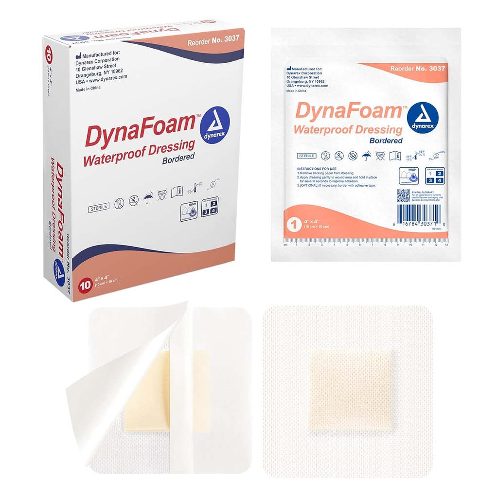 Dynarex Dynafoam wasserdichte gebundene Kleber Foam Wound Dressing Bandage, 4" x 4", 10 Count