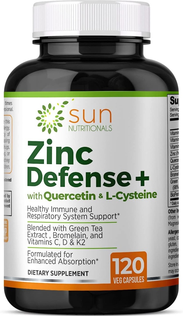 Zink Defense+ mit Quercetin, Bromelain, L-Cystein, EGCG (Green Tea Extract), Vitamine C, D3 & K2, 2-Monat Supply, 120 VCaps, Non-GMO, Gluten Free