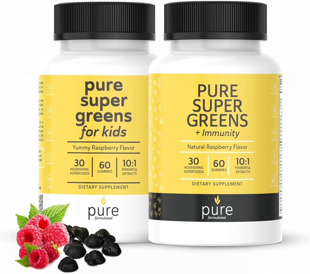Super Greens Multivitamin Gummies per bambini e adulti - Supporto immunitario e integratori digestivi - Vitamina A, B, C, E, K - Vegan Chewables con 30 Superfoods (2 Bottiglie, 60 Conte Ogni)