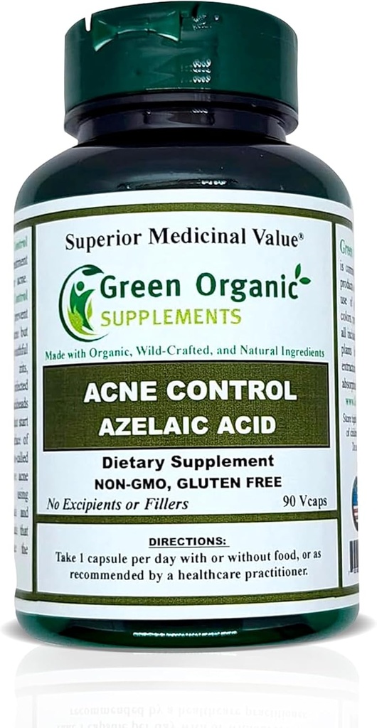 Suppléments organiques verts Acné, Acide azélaïque, 90 VCaps, Haute Absorbable, Non-OGM, Sans gluten, (Single)