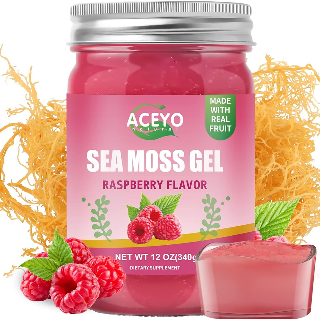 ACEYO (12 OZ) Irish Sea Moss Gel Organic Raw Vegan Raspberry Flavor 102 Vitamine e Minerali Wild Harvested Non-GMO Immune Defense Booster Thyroid supporto digestivo