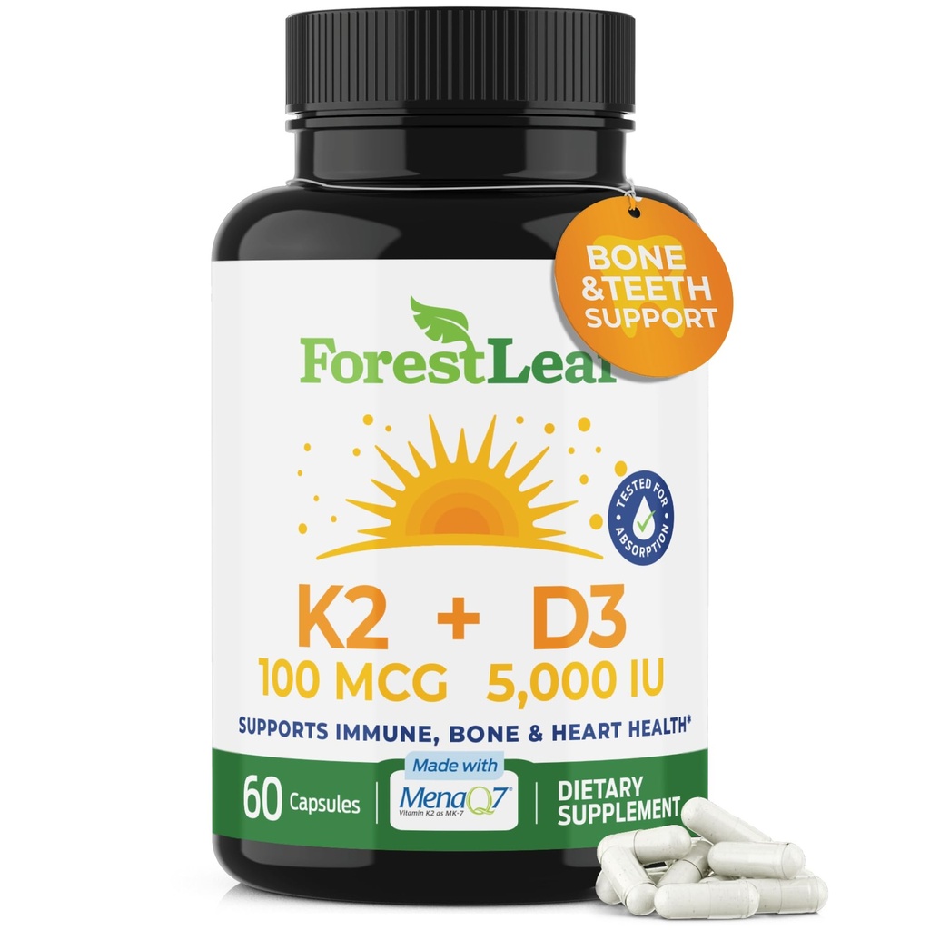 ForestLeaf Vitamina D3 + K2 (MK7) Supplemento - MenaQ7 - Calcio e Vitamina D3 5000 IU Assorbimento massimo - Teeth and Bone Strength, Heart Health, Supporto del sistema immunitario - 60 capsule vegetali
