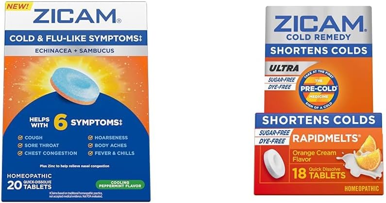 Zicam Symptômes du rhume et de la grippe 20 Comprimés Ultra Cold Remedy Racidmelts 18 Compte Zinc homéopathique Raccourci du froid
