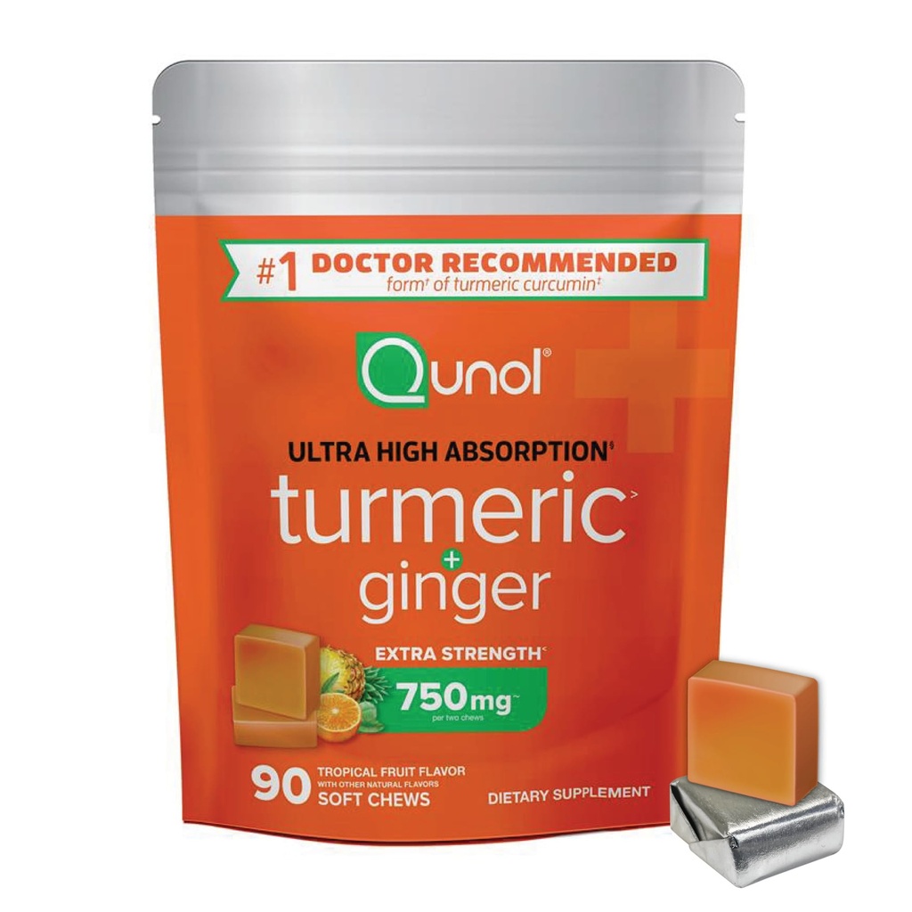 Qunol Turmeric e Ginger Soft Chews, 750mg Turmeric Supplement, Ultra High Absorption to Support Joint Health, 90 Count