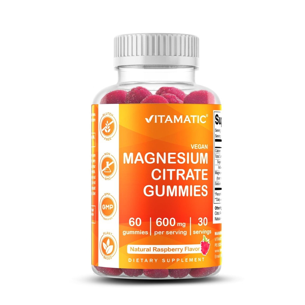 Vitamatic Magnesium Gummies 600mg per Serving – 60 Vegan Count for Relaxation, Muscle, Bone e Energy Support