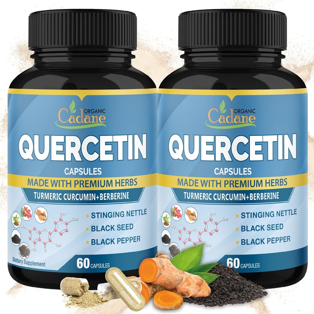 Organic Cadane 2 Pacchetti Quercetin Supplementi Capsule, 4 Mesi Fornitura con Turmerica, Berberina, Nettle, Seme Nero, Pepe Nero - Supporta la salute cardiovascolare, Sistema immunitario