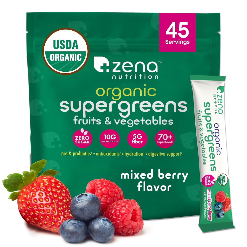 Zena Nutrition Bio Super Greens Powder, 70+ Superfoods, 0 Zucker, 5G Fiber, Spirulina, Chlorella, Antioxidantien, Präbiotika/Probiotika, Verdauungsenzyme, Mischbeere, 45 Getränke Mix Packets