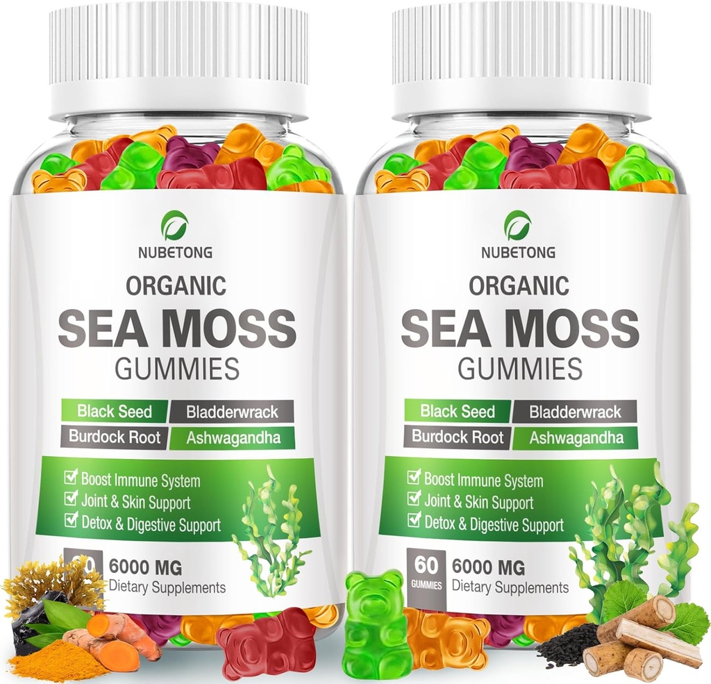 NUBETONG Irish Sea Moss Gummi 6000 mg mit Bladderwrack und Burdock Root - Natural Irish Seamoss Supplement für Schilddrüse, Energie, Immununterstützung - Extra Strength, Great Tasting - Glutenfrei, Vegan