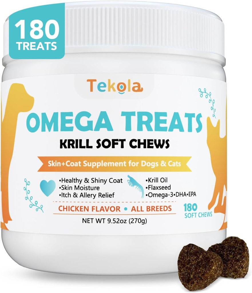 180 Chews Omega 3 pour les chiens et les chats - avec Krill - Supplément de peau et de manteau - Sec & Itchy Skin Relief - Allergy Relief - Shiny Coats - No Shedding - EPA & DHA, Vitamines et Minéraux - Poulet parfumé