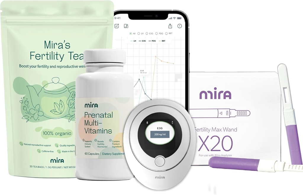 Mira Pregnancy Bundle für den Versuch, Conceive, Digital Fertility and Ovulation Kit mit 20 Max Test Wands, 1 Flasche Mira Prenatal Multivitamins (60 Kapseln), & 1 Tasche Fruchtbarkeit Tee (20 Teebeutel)