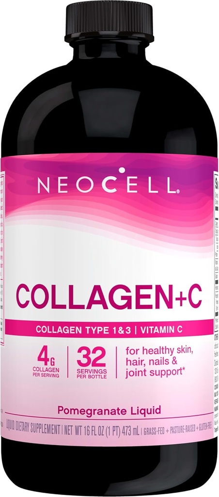 NeoCell Collagen Peptide + Vitamin C Flüssigkeit, 4g Collagen Per Servieren, Glutenfrei, Arten 1 & 3, fördert gesunde Haut, Haar, Nägel & Gelenkunterstützung, Granatapfel, 16 Oz