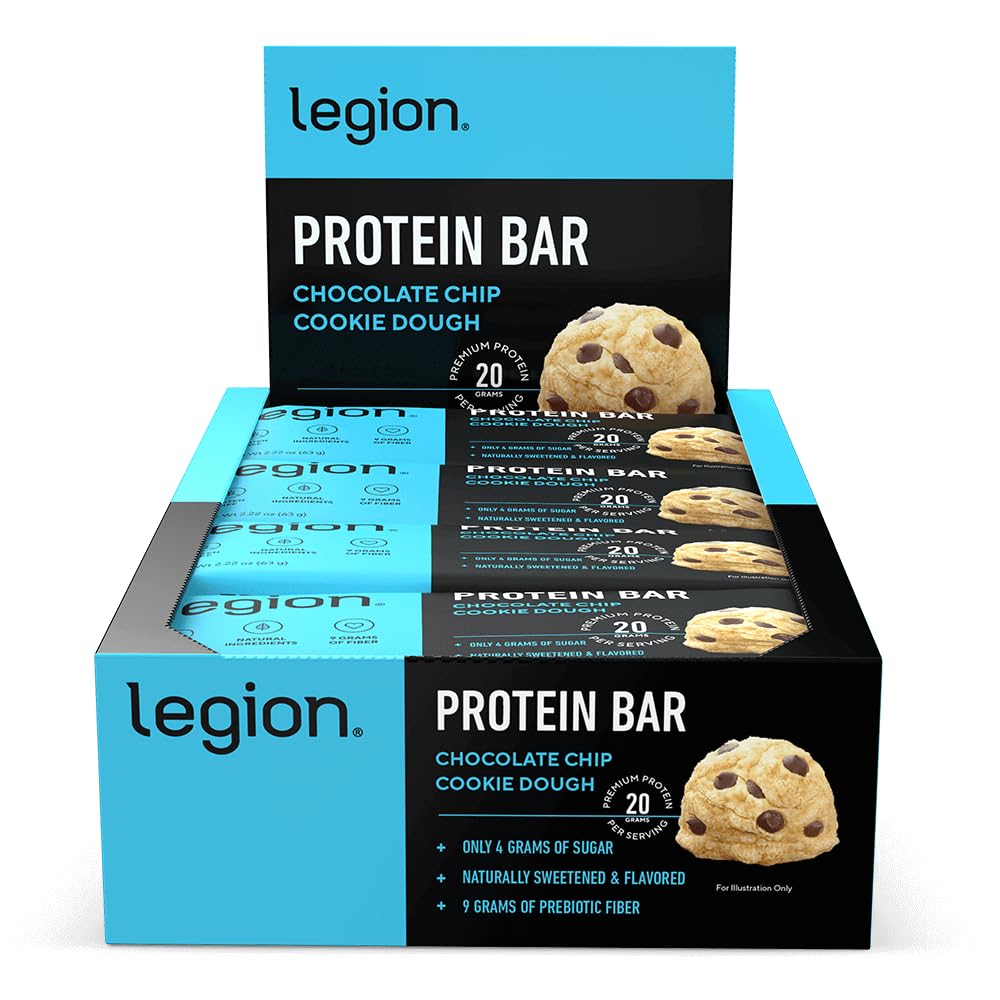 Legion Chocolate Chip Cookie Dough Protein Bar - 100% Whey Protein Bars Sucre faible Protéine élevée avec fibre prébiotique - Sans soja, sans gluten, naturellement aromatisé, faible gras, barres riches en protéines (12 Nombre)