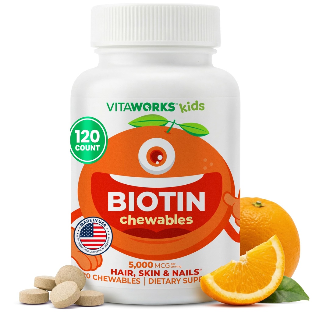 Kinder Biotin 5000mcg Chewable Tablets | Tasty Biotin Supplement | Vegan, Non GMO | Haarwachstum, Haut und Nail Heath | Haar Vitamine für Kinder | 120 Chewables