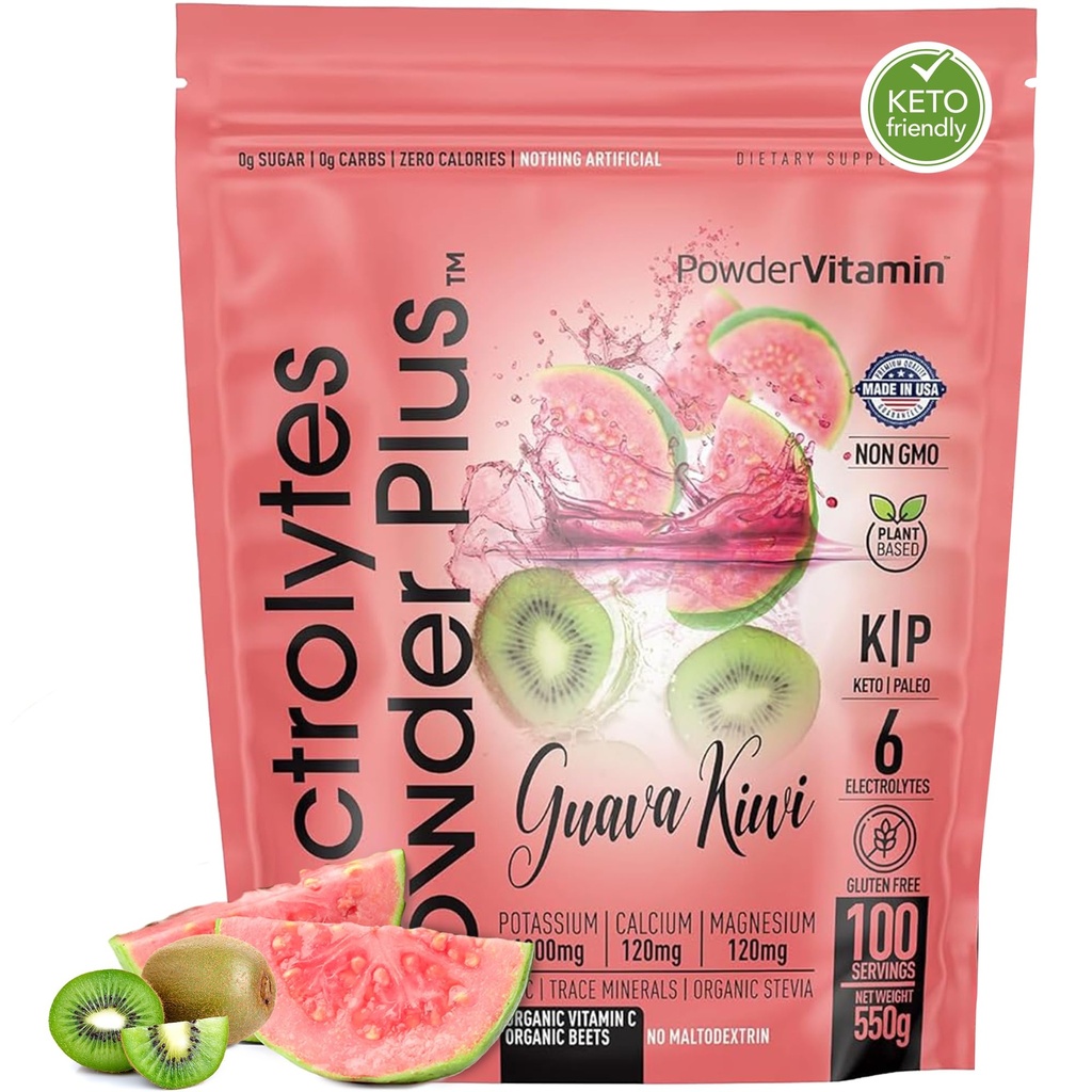 PulverVitamin Elektrolyte Pulver Plus (100 Portionen) Guava Kiwi Elektrolytpulver, Zero Calorie, Keto, 0 Zucker, Kein Maltodextrin, 1000mg Kalium, 120mg Calcium, 120mg Magnesium, Hydration Pulver