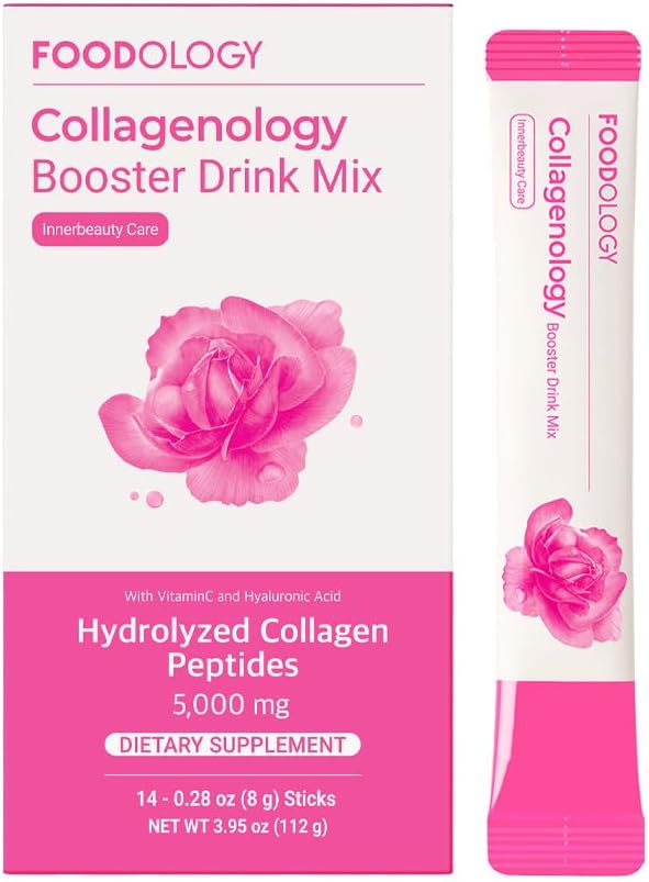 FOODOLOGY Collagenology Booster Drink Mix (Pacchetto di 1, 14 giorni) - Elasticità della pelle, Sintesi del collagene, idratazione. Peptidi idrolizzati, Biotina, Vitamine.