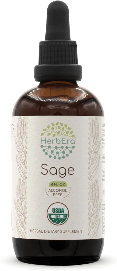 HerbEra Sage B120 USDA Organic Tincture | Alkoholfreier Extrakt, hochkarätige Kräutertropfen | Certified Organic Sage (Salvia officinalis) Getrocknete Blatt (4 oz)