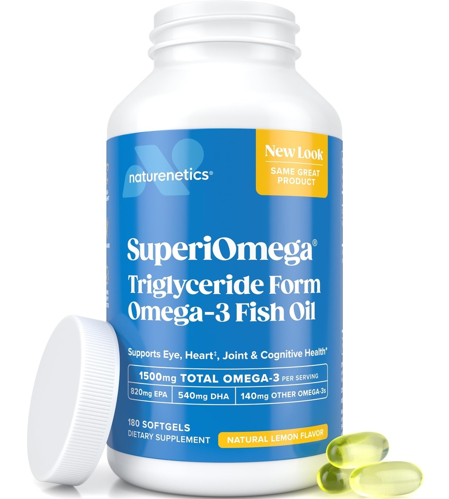 Trigliceride Omega 3 Fish Oil – Alta EPA & DHA per l'occhio, Joint, Heart & Brain Support – Omega-3 acidi grassi - Limone Flavor – 180 Softgels – 90 giorni di alimentazione