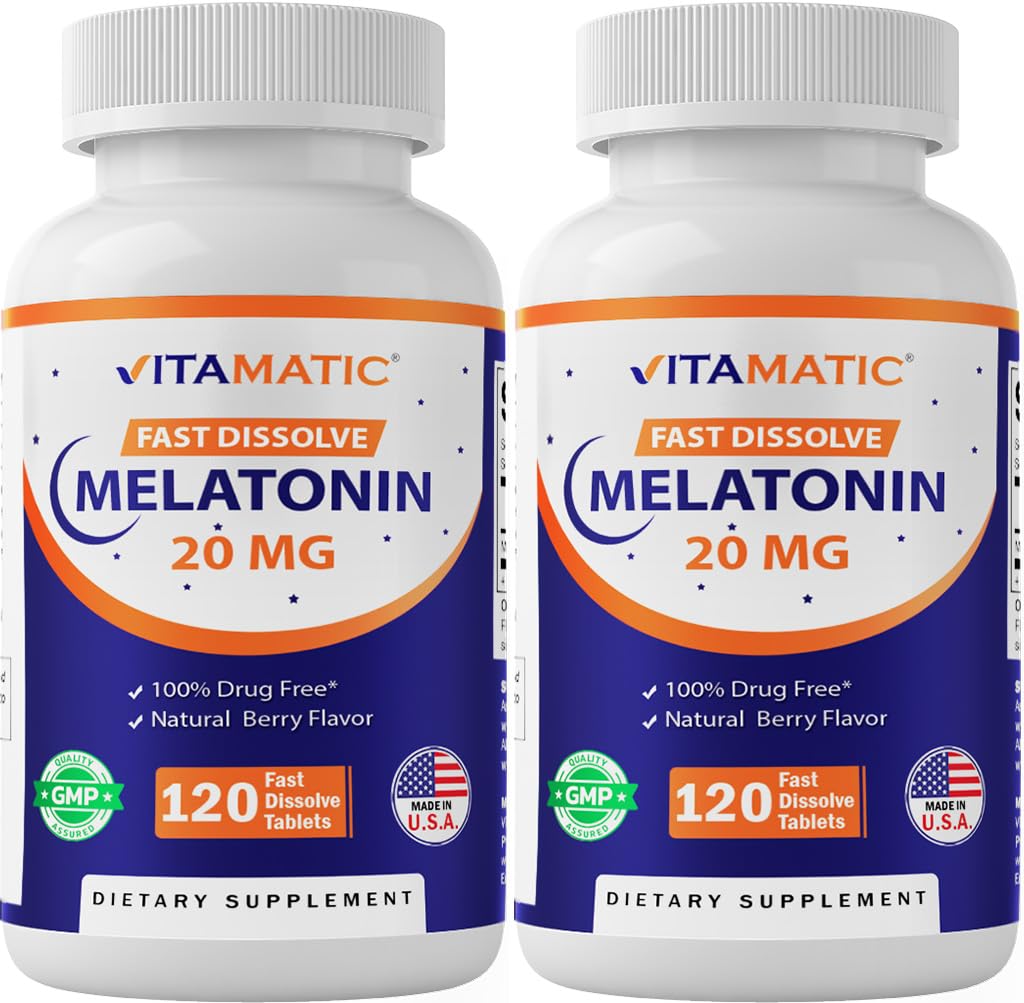 Vitamatic Melatonina 20 mg per il supporto del sonno | Vegetariano, Non OGM, Gluten Free | HIGH Potency 20 MG | Natural Berry Flavor 120 compresse dissolve veloci - 2 Pack - 240 Count