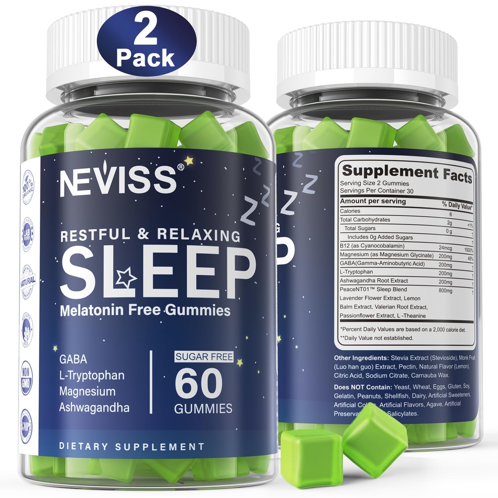 NEVISS Melatonin Free Sleep Aid Gummies für Erwachsene - Magnesium Glycinate Gummies | GABA, L-Tryptophan, Magnesium, Ashwagandha - Non-Habit Forming, Hilfe für tiefe Entspannung - Vegan, Lemon Flavor, 2Pack