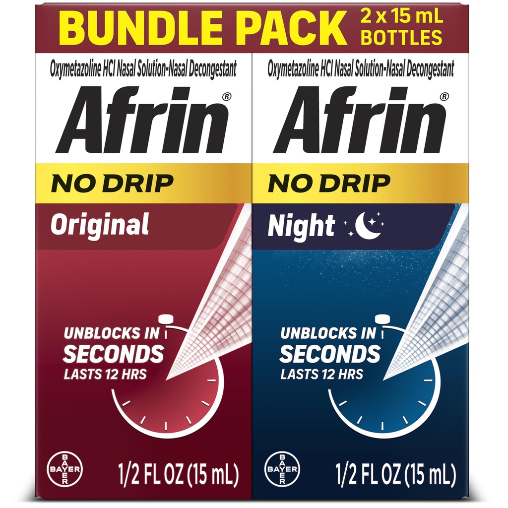 Afrin No Drip Original + Night Nasal Mist Bundle Pack, Non-Drowsy, Decongestant ad azione rapida per Congestione nasale e Rilievo di pressione del seno, Adulti e bambini 6 e più vecchi, .5 fl oz (Pack of 2)