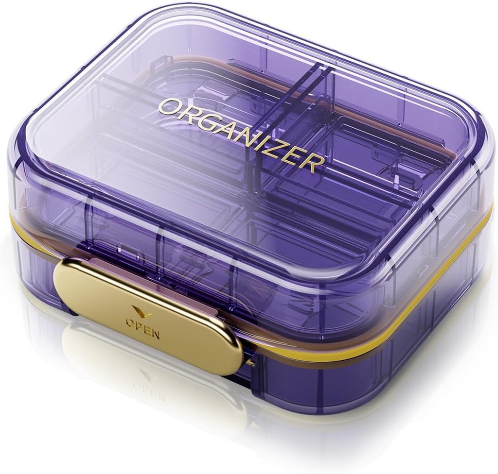 Portable Reise Pille Organizer mit 7 Komponenten - Perfekte Wöchentliche Pille Fall Wasserdichte Pille Box für tägliche Vitamine und Medizin, kleine Pille Container für Taschengeld (Purple)