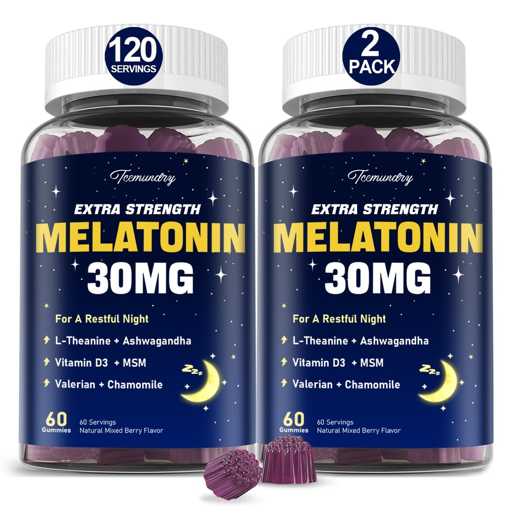 Mélatonine Gummies 30mg pour les adultes: supplément de mélatonine de force maximale avec L-Theanine, Ashwagandha, MSM, vitamine D3 et zinc - non-Habit formant, naturel mélange de saveur de baie 60 comte (paquet de 2)