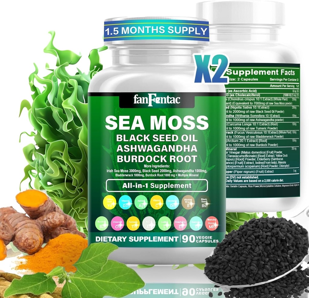 Moss 7000mg - Olio di semi neri 2000mg - Ashwagandha 1000mg - Bladderwrack 1000mg - Turmeric 1000mg - Burdock 1000mg - Vitamina C 90mg - Vitamina D3 1000IU - Minerali multipli 350mg - 180 Capsule