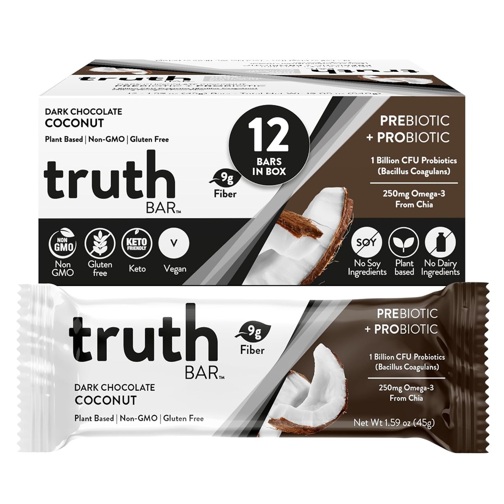 Verità Bar Snack sano, Omega 3 da Chia, Plant based, Prebiotics & Probiotics, Alta fibra, Basso zucchero, Keto, Kosher, Cioccolato scuro, Vegan, Gluten Free, 12 Ct, 45g ea.