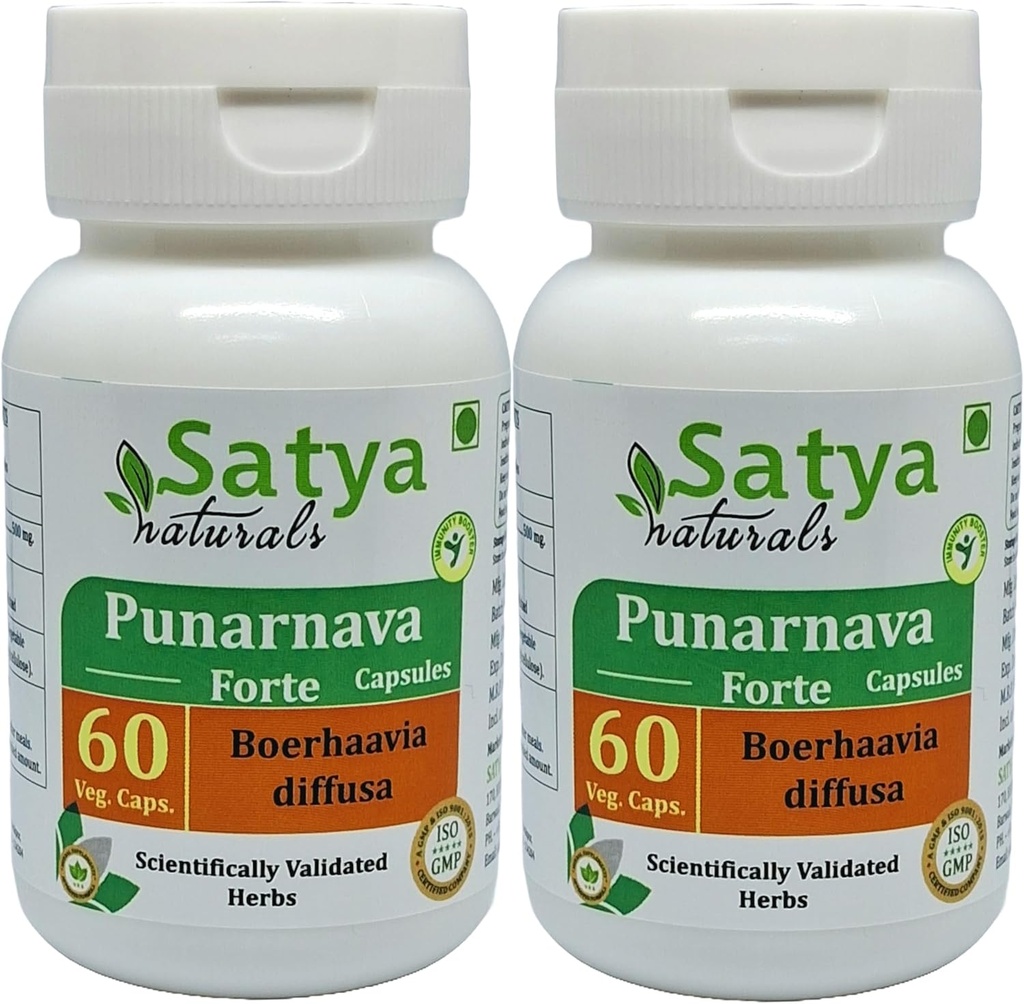 Punarnava Forte Capsule 500 mg. 60 Veg. Capsule | Punarnava (Boerhaavia Diffusa) Estratto di capsule per uomini e donne | Ayurvedic Herbal Supplement/Rimedies | 10:1 Forte (2 Bottiglie di 60 capsule)