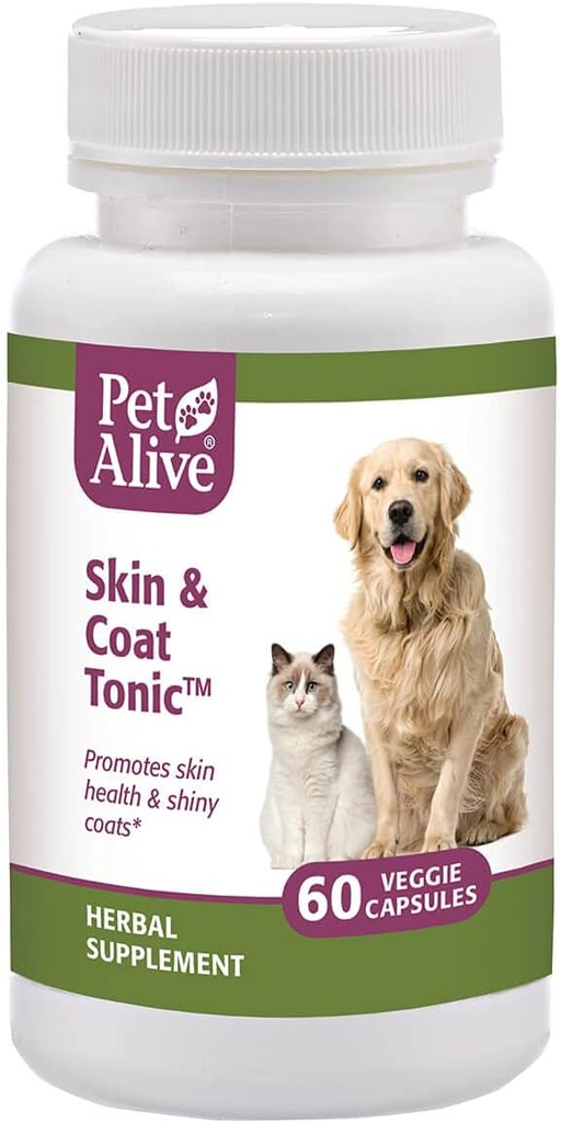 PetAlive Skin and Coat Tonic - Tutto naturale supplemento di erbe per la salute della pelle del gatto e del cane e lucida, cappotti lucidi - 60 cappucci di verdure