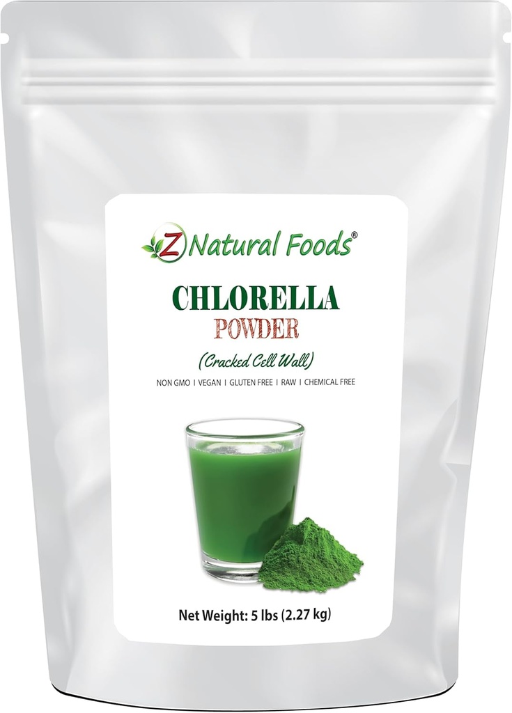 Z Aliments naturels Poudre de Chlorella, Protéine de mur de cellules craquées, Poudre de superaliments d'algues vertes bleues, parfait pour les smoothies, boissons, recettes, cru, non OGM, sans gluten, végétalien, 5 lbs
