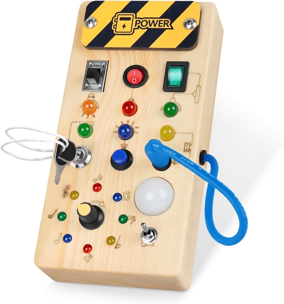 Hoarosall Montessori Holz vollbusige Brett mit 8 LED-Lichtschalter, Sensory Spielzeug Lichtschalter Reise Spielzeug für 1+ Jahre alt Baby und Kleinkind