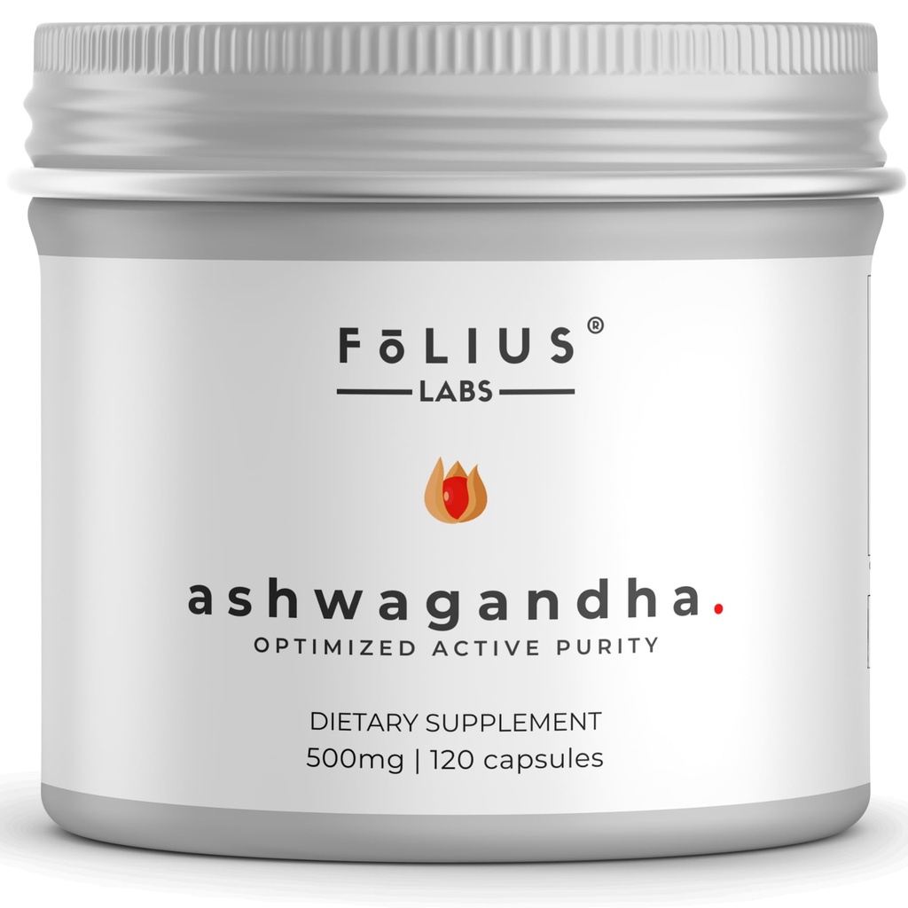 FOLIUS LABS Ashwagandha 7.5% Herbal Energy Support Supplement 500mg - Stress Relief Support, Natural Mood Support - Full Spectrum Ashwagandha Root Extract -120 Capsules