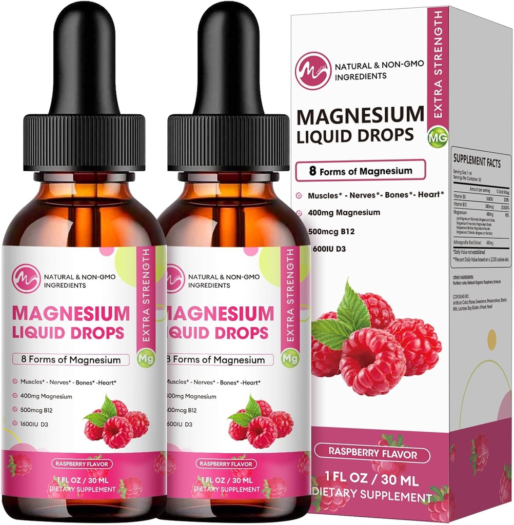 (2 Pack) Magnesium Complex Supplement mit Magnesium Glycinat, Citrat, Malat,Taurat, 8-in-1 Magnesium Complex Flüssigkeitstropfen für Gehirn, Schlafen, Nerve, Muskel,Bone,Cramps,Herz, Non-GMO Keine Gluten
