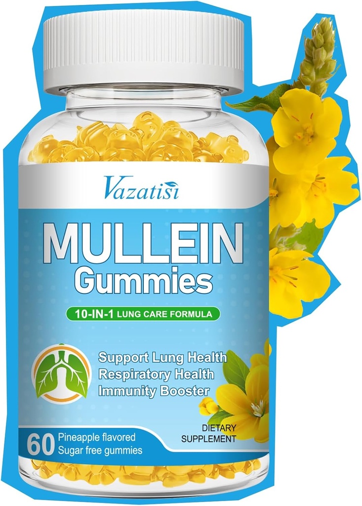 10 in 1 Mullein Gummies for Lungs, Mullein Leaf Extract with Bromelain, Quercetin, Magnesium - Support Lung Cleanse for Healthy Breathing, 60ct
