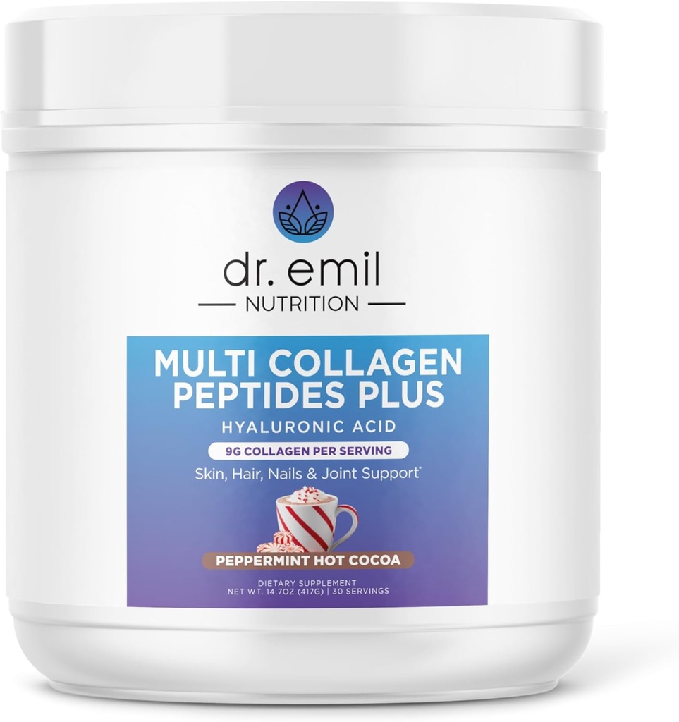 Dr. Emil Multi Collagen Peptides Plus con Acido Ialuronico - Peppermint Hot Cocoa Flavor - 9g Collagen Per servire per pelle, capelli, unghie e supporto misto