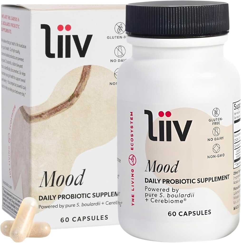 LiiV Mood-Supplement – 8 Billion CFU Männer & Frauen Probiotic – Tägliche Mood & Verdauungsunterstützung – Ganze Körper-Wellness, angetrieben von Saccharomyces boulardii & Cerebiome (60 Caps)