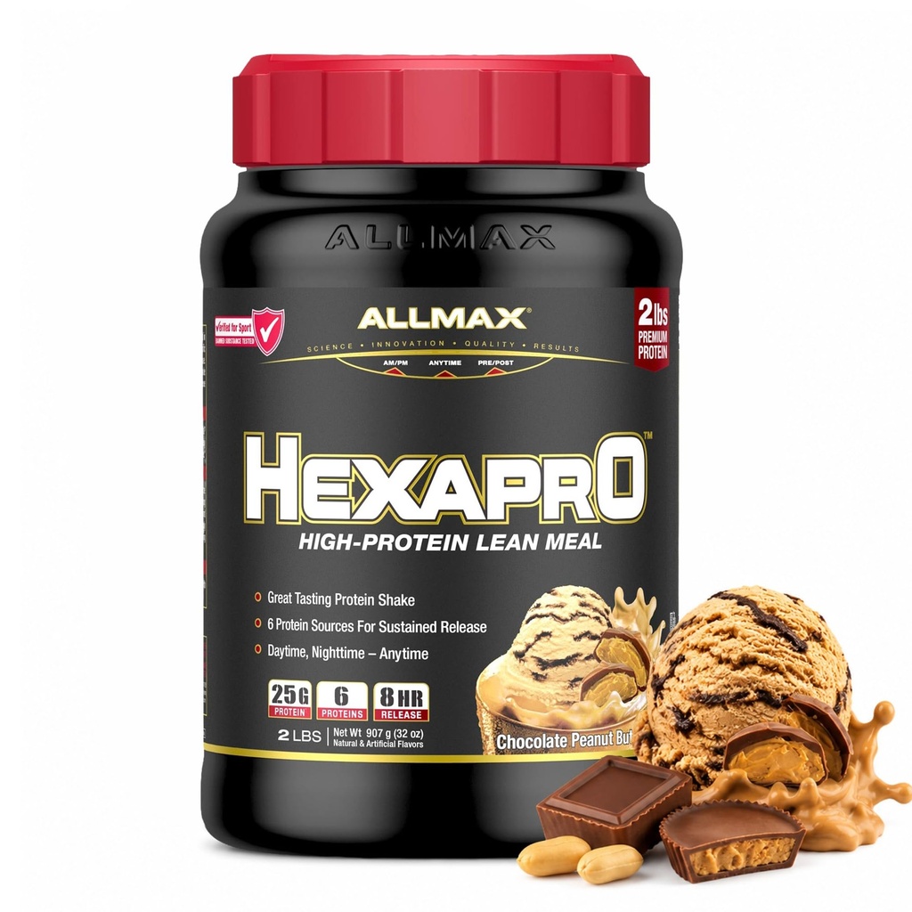 ALLMAX HEXAPRO, Chocolate Peanut Butter - 2 lb - 25 Gramm Protein Pro Servieren - 8-Hour Sustained Release - Zero Sugar - 21 Servierungen